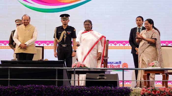 President Droupadi Murmu on the dais at a public function in New Delhi